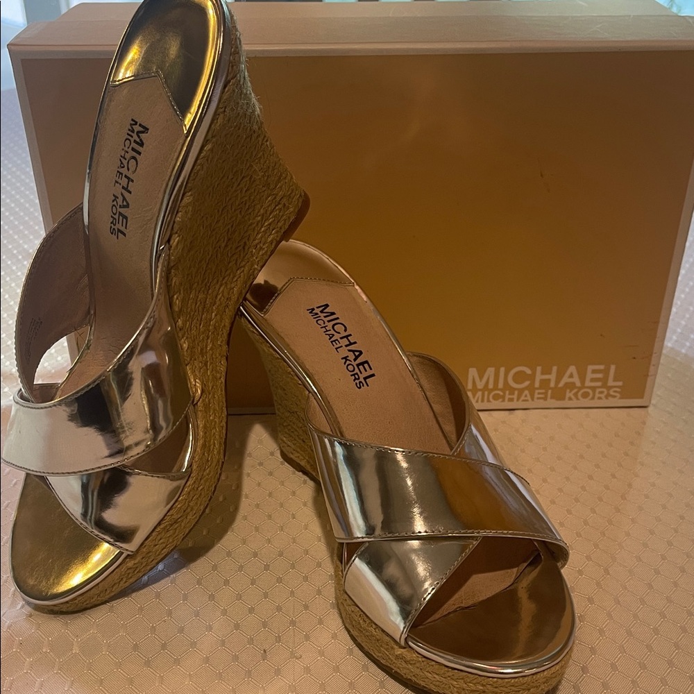 Michael Kors Shiny Silver Wedge Sandals
